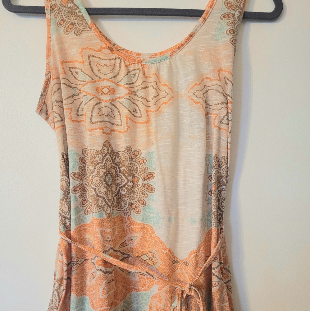 California Happening Brown, white,, coral and teal Maxi dress size medium